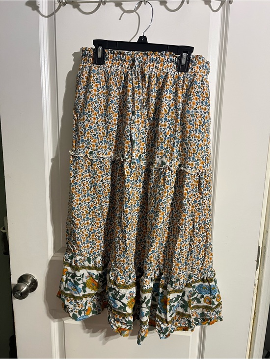 Merokeety Dresses & Skirts - Boho Floral Tiered Maxi Skirt in Mustard and Teal